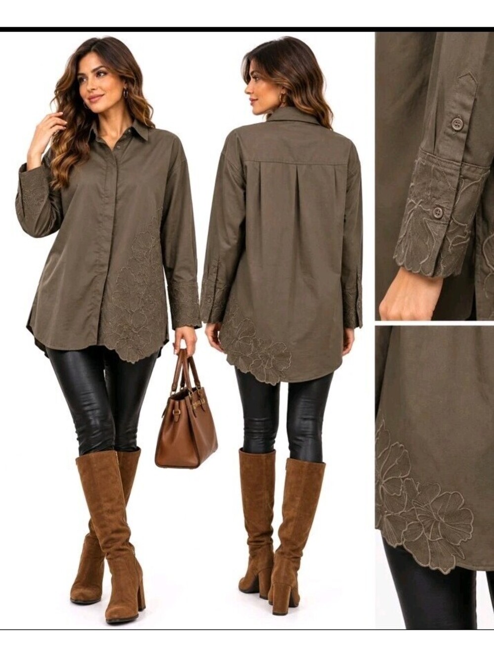Christian Lacroix Womens Khaki Green Shirt Floral Accent NWT Earthy Grunge #CC